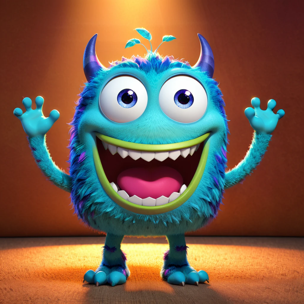 A cute TV monster with a big screen, eyes, and a smiling face, happily displaying a movie or show. The character is designed in the style of Pixar animation, with vibrant colors and a playful expression, making the screen light up with joy. --ar 1:1 --v 6.0 --3D render