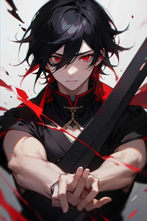 (Highest quality)male、Black Hair、Red Eye、Cold and merciless、cold、calm、I&#39;m a little embarrassed、Ears are red、I&#39;m in a hurry、Slightly longer short hair、Cross Necklace、White Shirt、The top button is unbuttoned.、Black trousers、Clothes are disheveled、An illustration、character