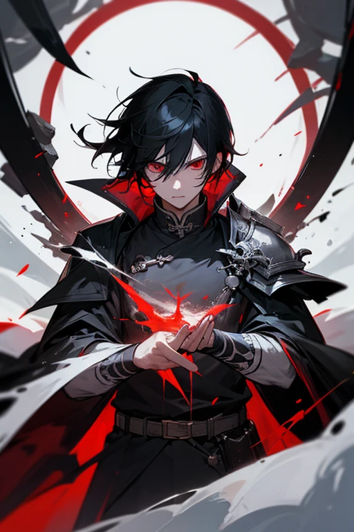 (Highest quality)male、Black Hair、Red Eye、Cold and merciless、cold、calm、I'm a little embarrassed、Ears are red、I'm in a hurry、Slightly longer short hair、Cross Necklace、White Shirt、The top button is unbuttoned.、Black trousers、Clothes are disheveled、An illustration、character