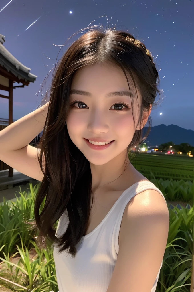 (1 Girl )、(Beautiful Japanese、18years old,round face、Refreshing、clear、seems kind、stylish、Pitiful、cute like an angel、cute、black eyes、,actress,Almond-shaped eyes,Translucent white skin、Beautiful skin), Good style ,(very cute),(Hair tied up,(Black hair),(enchanting eyes),(highlight on eyes:1.2)、(8K、Live shooting、highest quality、masterpiece:1.2、optimal lighting)、((masterpiece)),(Photo taken by a professional photographer),(real、photo real:1.4),break,{ (Cute summer clothes)},(cheeks are red:1.3), break, break,Face shot:1.3、 face close-up,Looking at viewer、(Cleavage:0.5)、From above,happy smile face:1.4,,Japan rice fields,(((night)))、Japanese countryside、Starry Sky,dynamic angle