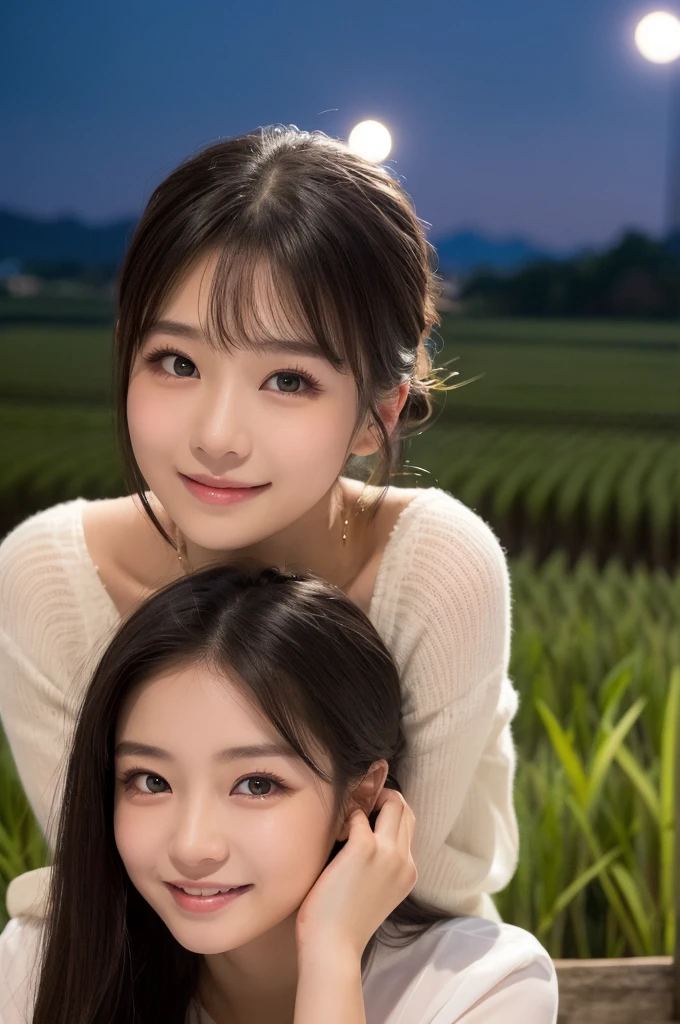 (1 Girl )、(Beautiful Japanese、18years old,round face、Refreshing、clear、seems kind、stylish、Pitiful、cute like an angel、cute、black eyes、,actress,Almond-shaped eyes,Translucent white skin、Beautiful skin), Good style ,(very cute),(Hair tied up,(Black hair),(enchanting eyes),(highlight on eyes:1.2)、(8K、Live shooting、highest quality、masterpiece:1.2、optimal lighting)、((masterpiece)),(Photo taken by a professional photographer),(real、photo real:1.4),break,{ (Cute summer clothes)},(cheeks are red:1.3), break, break,Face shot:1.3、 face close-up,Looking at viewer、(Cleavage:0.5)、From above,happy smile face:1.4,,Japan rice fields,(((night)))、Japanese countryside、Starry Sky,dynamic angle