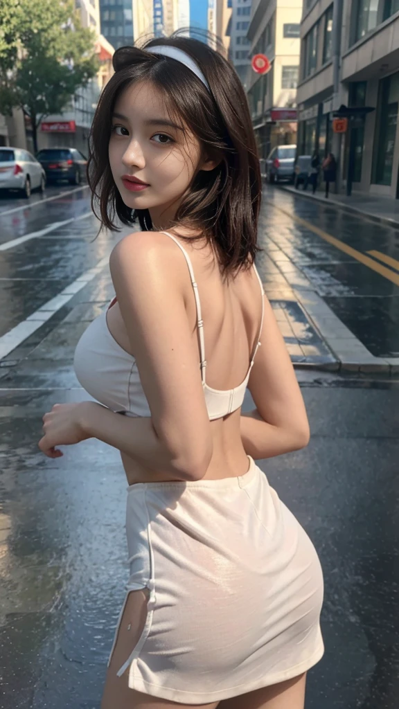 ((Best quality, 8k, Masterpiece: 1.3)), Contour: 1.2, Perfect body beauty: 1.4, Butt: 1.2, ((layered haircut, Round chest: 1.5, cleavage exposed) ), (Rain, Street: 1.3), Headband dress: 1.1, Highly detailed face and skin texture, Beautiful eyes, Double eyelids, White skin, Long hair, (Silent: 1.3), Full close ,Ultra HD,8K, from behind
