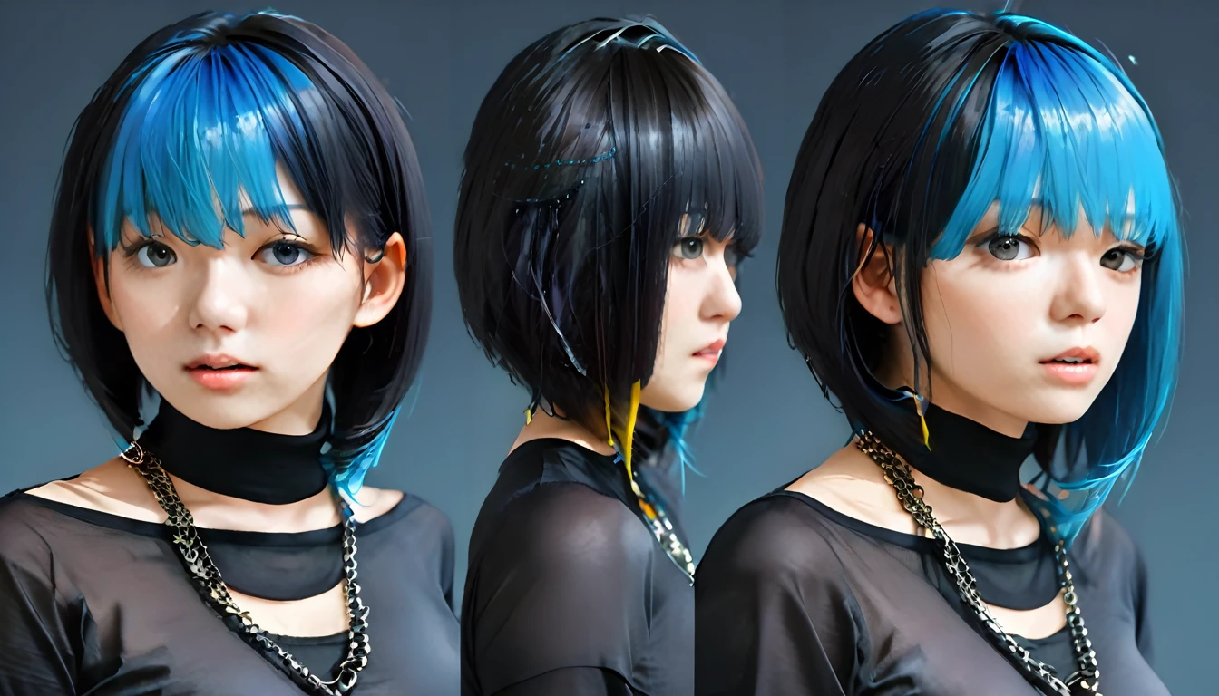 masterpiece, Highest quality,3D rendering work ,3dmm style,close,Portraiture, 3D,One girl, alone, Multicolored Hair, Blue Hair, Black Hair, necklace, freckles, jewelry, Two-tone hair, Look to the side, Realistic, Upper Body, Simple Background, bangs, avert your eyes, short hair, parted lips, Iris, lips, Gothic, choker, compensate, Mole, black shirt, shirt, watermark