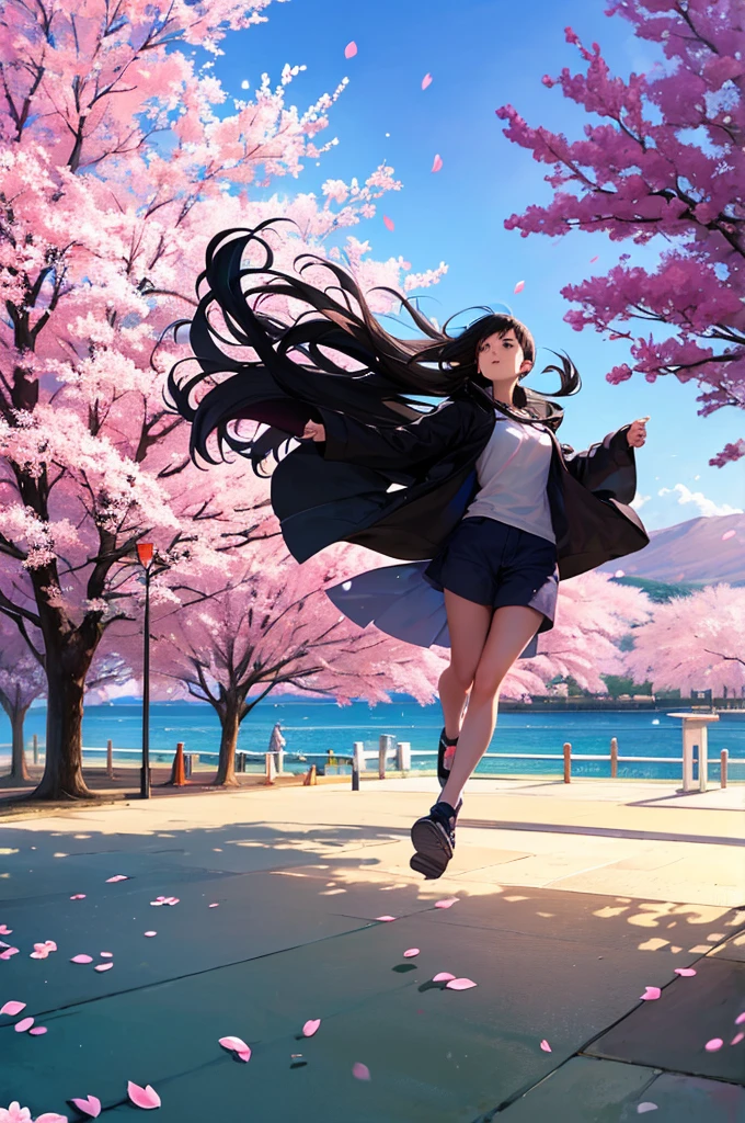 One girl,Black Hair, Floating Hair, Seaside,景color,landscape,cherry blossoms, Falling petals, Sunbeam,God's Rays,Upper Body, color,dress,kimono