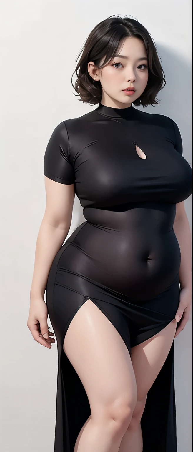 Chubby woman with chubby belly and tight thighs, full body, 50-year-old mature woman, thick hips, thick neck, thick chest, big eyes, wearing a longest dress, wavy medium short hair, Height 170 cm , full body