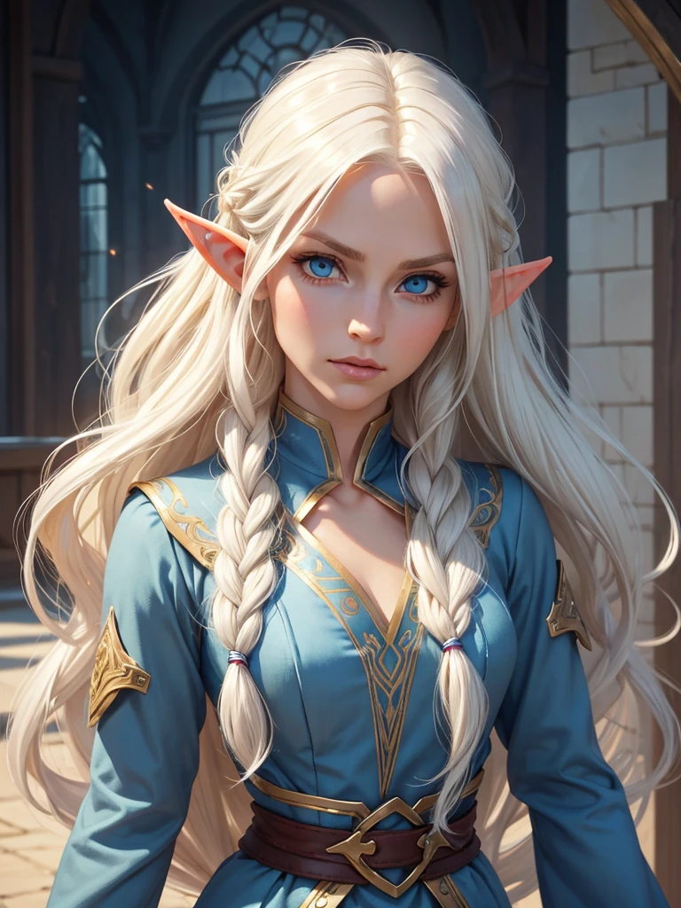 (best quality), 1girl, female, 34 years old, white skin, platinum blonde hair, long hair, slightly wavy hair, blue eyes, strong jawline, high cheekbones, beautiful face, perfect eyes, elf, fantasy clothes, fully clothed, high elf, sly, masterpiece, anatomically correct, highres