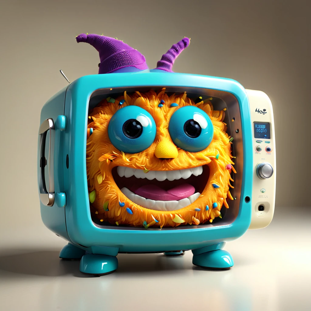 A cute microwave monster with a friendly face and buttons for eyes, warming food with a cheerful beep sound. The character is designed in the style of Pixar animation, with a bright and colorful design, showcasing a happy expression while heating food. --ar 1:1 --v 6.0 --3D render