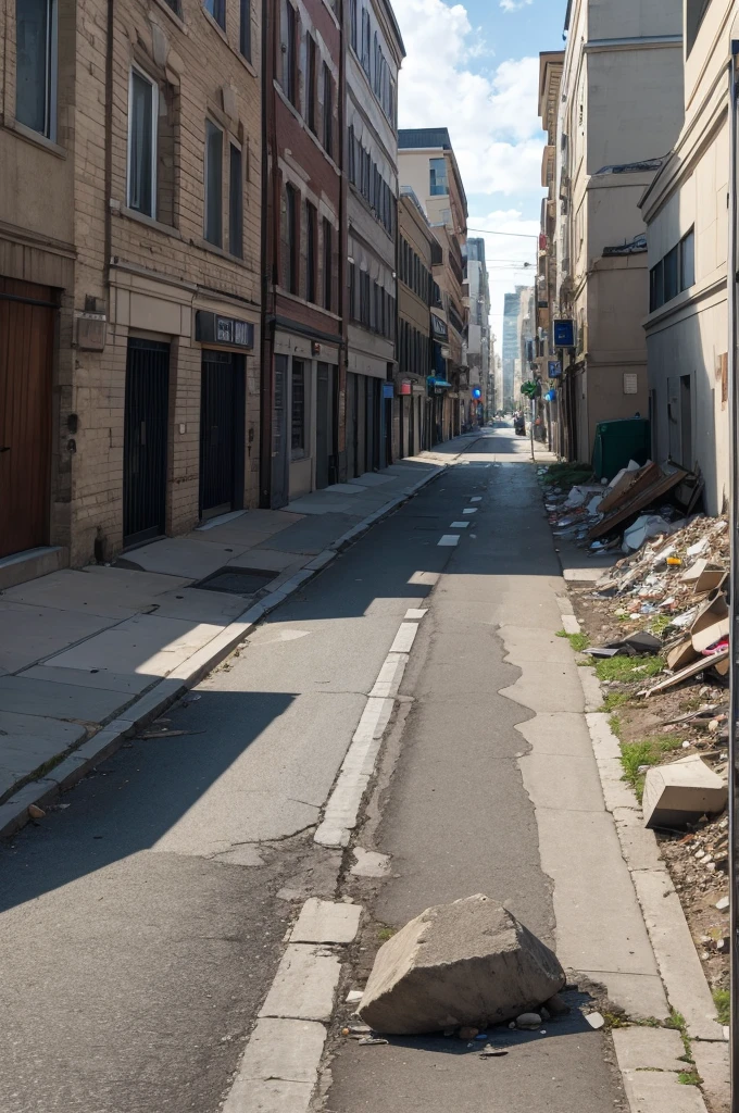 Street with rubble dumpster 
