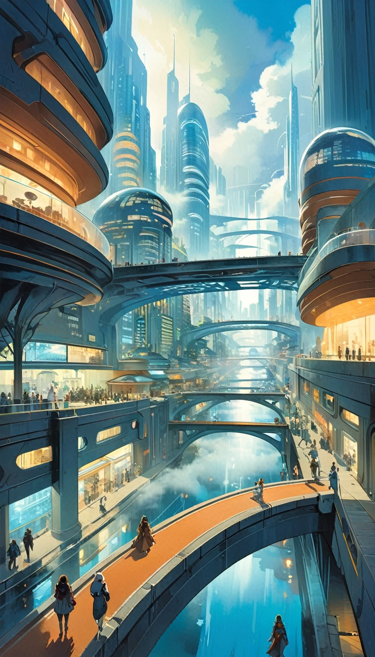 (future city:1.5), city street landscape, bridges, fog, art inspired by Bill Sienkiewicz.