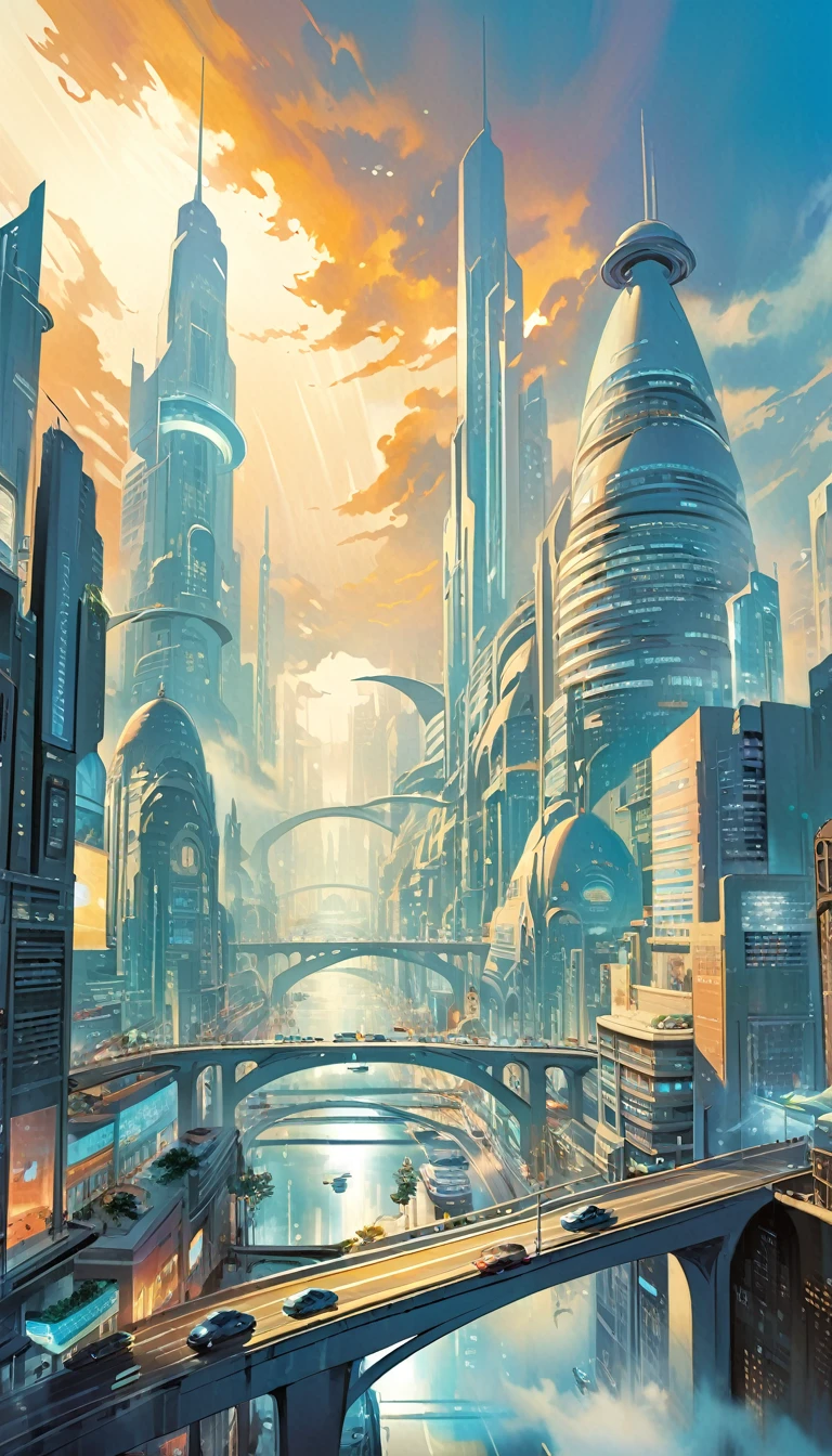 (future city:1.5), city street landscape, bridges, fog, art inspired by Bill Sienkiewicz.