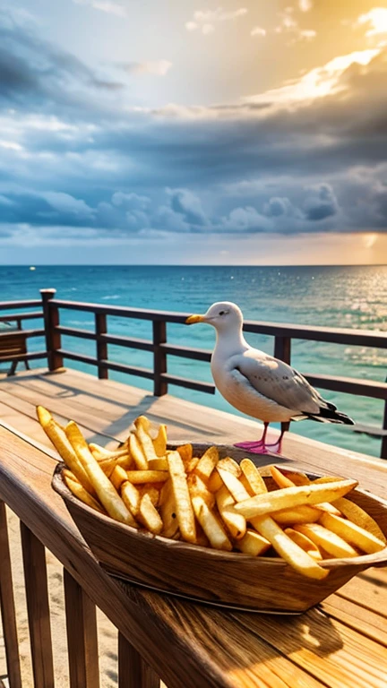 seagull eating french fries, highly detailed, photorealistic, high definition, 8k, best quality, dynamic scene, dramatic lighting, golden hour, vibrant colors, bird perched on railing, crinkle cut fries, wood texture, ocean waves, beach setting, overcast sky, stunning realism