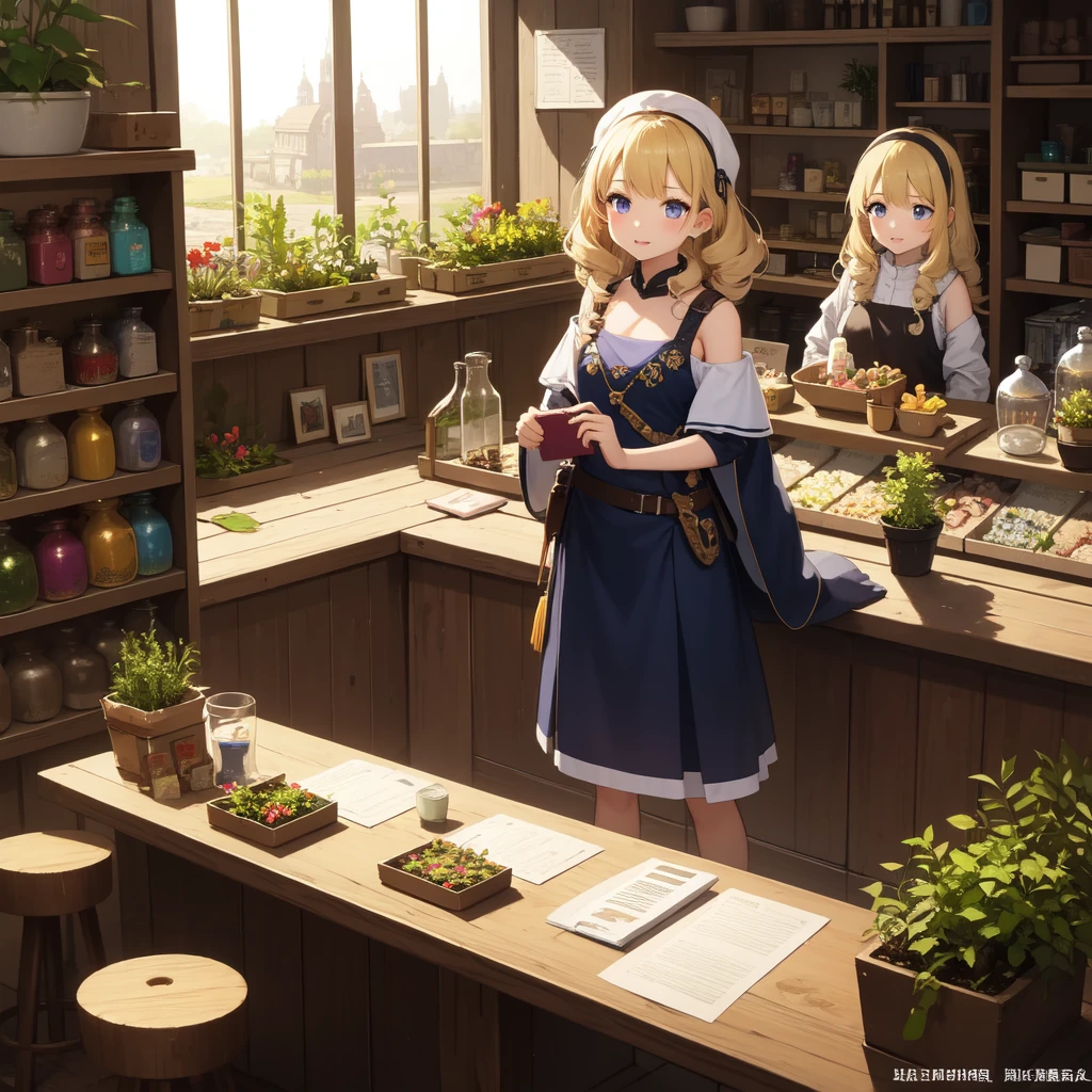 Highest quality、Ultra-high resolution、Fantasy、roleplaying game、Girls 、Blonde curly hair、Inside the herb shop