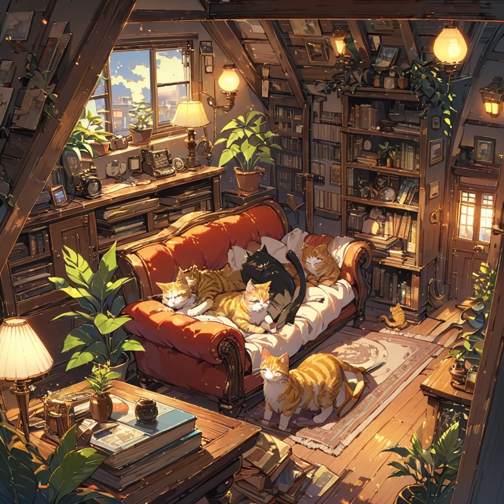 ((anime:1.4,illustration)),(masterpiece, top quality, best quality),(ultra-detailed, absolutely resolution),((16k, high res)), (((Interior, attic, books, houseplants, cat, lamp, antique furniture, sofa))), ((cosy lofi illustration:1.4)), ((anime:1.4, illustration)),(masterpiece, top quality, best quality),(ultra-detailed, absolutely resolution),((16k, high res)) BREAK {lofi art, style of Laurie Greasley, style of Makoto Shinkai, anime aesthetic}, BREAK { (produces images with information than 40 million pixels with cinematic-like detailed textures shot on a Sony SLR).}