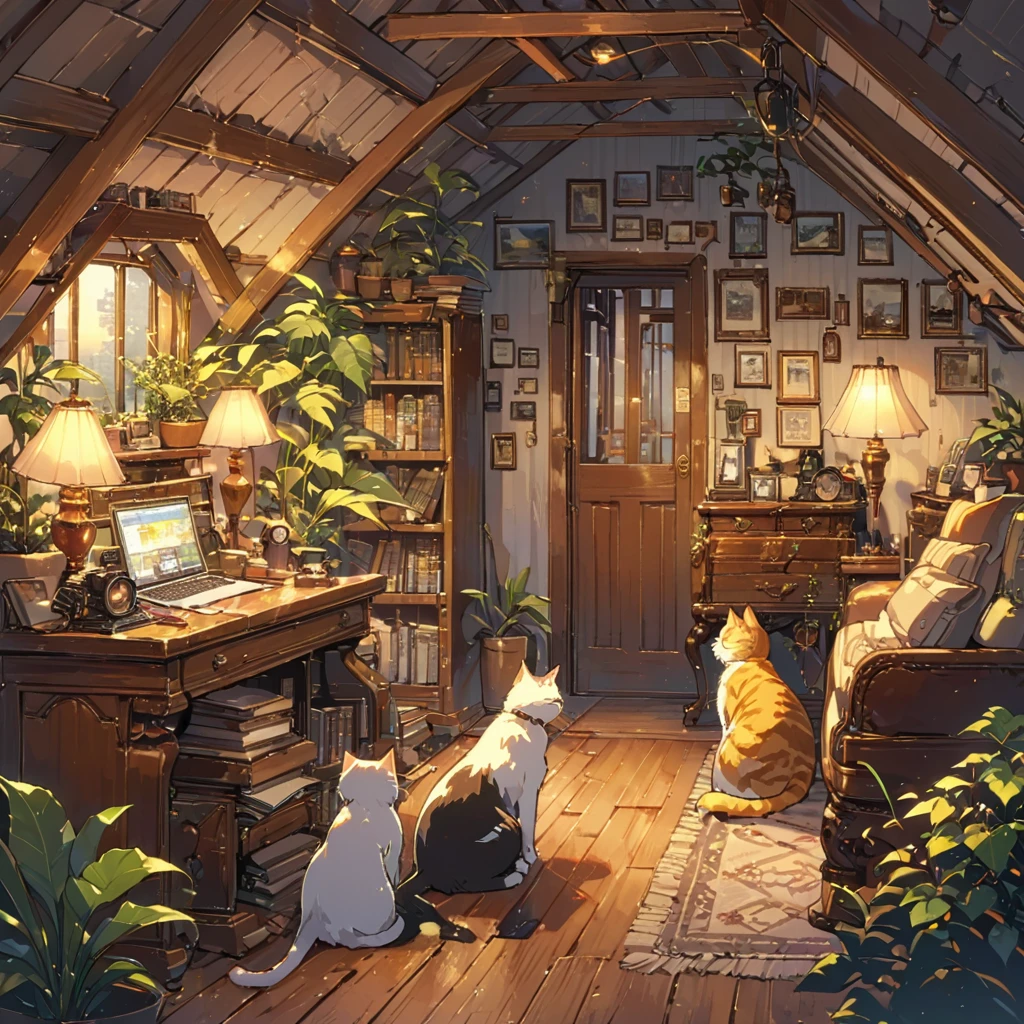 ((anime:1.4,illustration)),(masterpiece, top quality, best quality),(ultra-detailed, absolutely resolution),((16k, high res)), (((Interior, attic, books, houseplants, cat, lamp, antique furniture, sofa))), ((cosy lofi illustration:1.4)), ((anime:1.4, illustration)),(masterpiece, top quality, best quality),(ultra-detailed, absolutely resolution),((16k, high res)) BREAK {lofi art, style of Laurie Greasley, style of Makoto Shinkai, anime aesthetic}, BREAK { (produces images with information than 40 million pixels with cinematic-like detailed textures shot on a Sony SLR).}