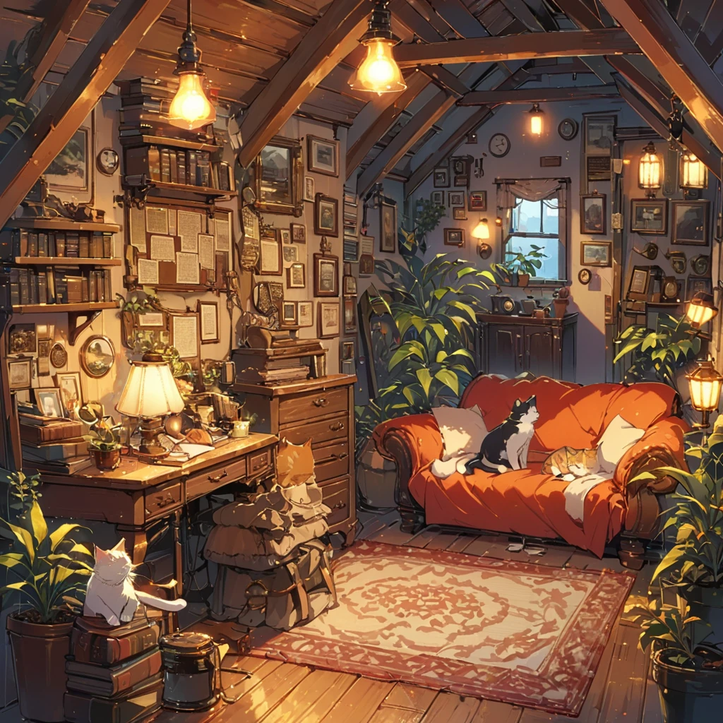((anime:1.4,illustration)),(masterpiece, top quality, best quality),(ultra-detailed, absolutely resolution),((16k, high res)), (((Interior, attic, books, houseplants, cat, lamp, antique furniture, sofa))), ((cosy lofi illustration:1.4)), ((anime:1.4, illustration)),(masterpiece, top quality, best quality),(ultra-detailed, absolutely resolution),((16k, high res)) BREAK {lofi art, style of Laurie Greasley, style of Makoto Shinkai, anime aesthetic}, BREAK { (produces images with information than 40 million pixels with cinematic-like detailed textures shot on a Sony SLR).}