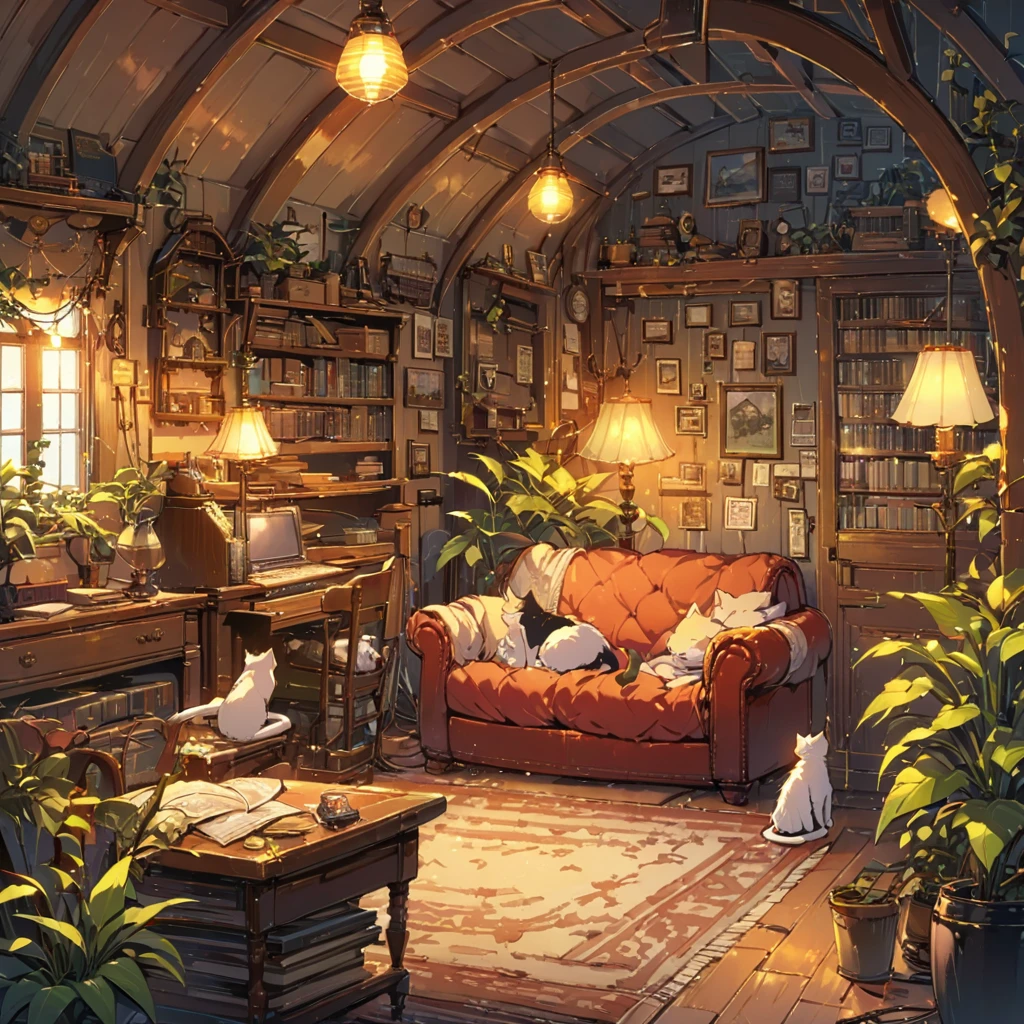 ((anime:1.4,illustration)),(masterpiece, top quality, best quality),(ultra-detailed, absolutely resolution),((16k, high res)), (((Interior, attic, books, houseplants, cat, lamp, antique furniture, sofa))), ((cosy lofi illustration:1.4)), ((anime:1.4, illustration)),(masterpiece, top quality, best quality),(ultra-detailed, absolutely resolution),((16k, high res)) BREAK {lofi art, style of Laurie Greasley, style of Makoto Shinkai, anime aesthetic}, BREAK { (produces images with information than 40 million pixels with cinematic-like detailed textures shot on a Sony SLR).}