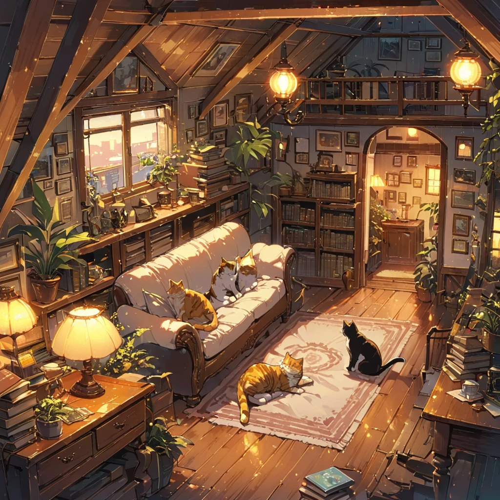 ((anime:1.4,illustration)),(masterpiece, top quality, best quality),(ultra-detailed, absolutely resolution),((16k, high res)), (((Interior, attic, books, houseplants, cat, lamp, antique furniture, sofa))), ((cosy lofi illustration:1.4)), ((anime:1.4, illustration)),(masterpiece, top quality, best quality),(ultra-detailed, absolutely resolution),((16k, high res)) BREAK {lofi art, style of Laurie Greasley, style of Makoto Shinkai, anime aesthetic}, BREAK { (produces images with information than 40 million pixels with cinematic-like detailed textures shot on a Sony SLR).}