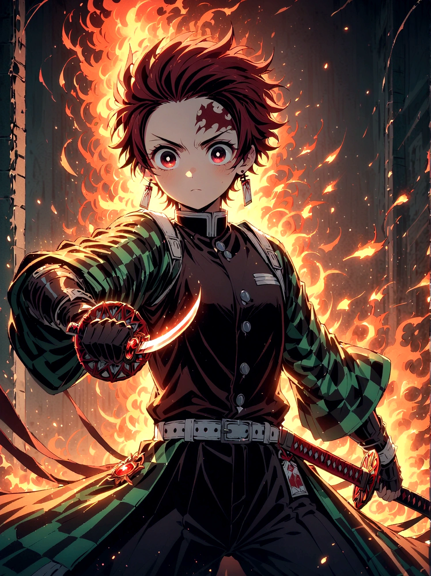 Kamado Tanjirou, Demon Slayer anime, Weapon Focus，Bright red hair, Sparkling red eyes，muscular，Intricate tattoos，(Holding a burning katana:1.5)，An element of danger and tension，Plaid clothes, demon slayer uniform, Black pants, fighting, Fire, explode, Dynamic poses, temple, Vision