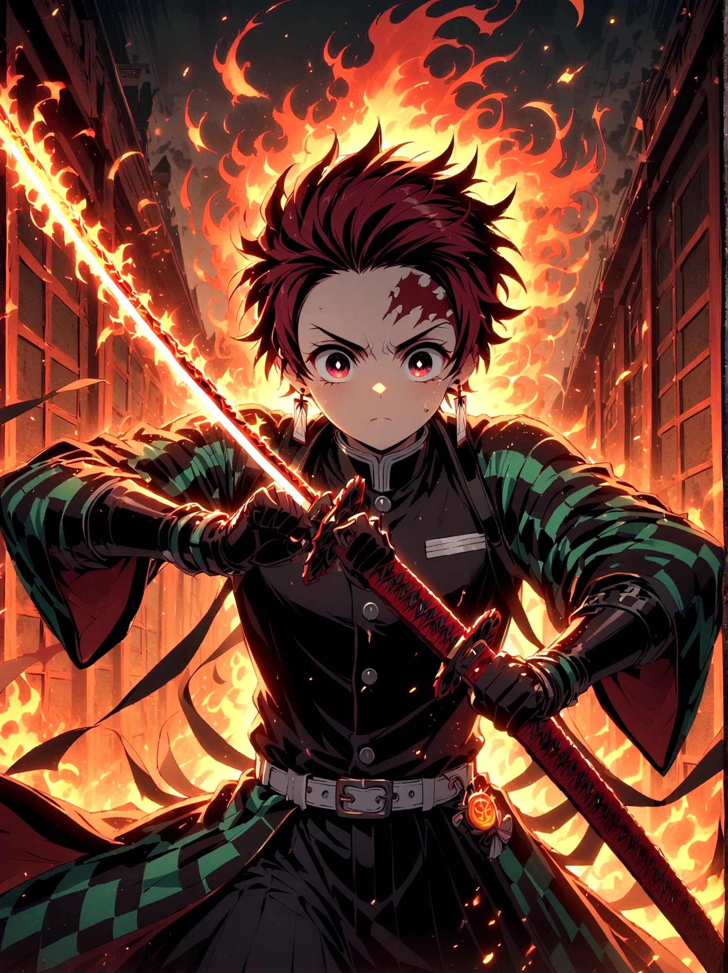 Kamado Tanjirou, Demon Slayer anime, Weapon Focus,Bright red hair, Sparkling red eyes,muscular,Intricate tattoos,(Holding a burning katana:1.5),An element of danger and tension,Plaid clothes, demon slayer uniform, Black pants, fighting, Fire, explode, Dynamic poses, temple, Vision