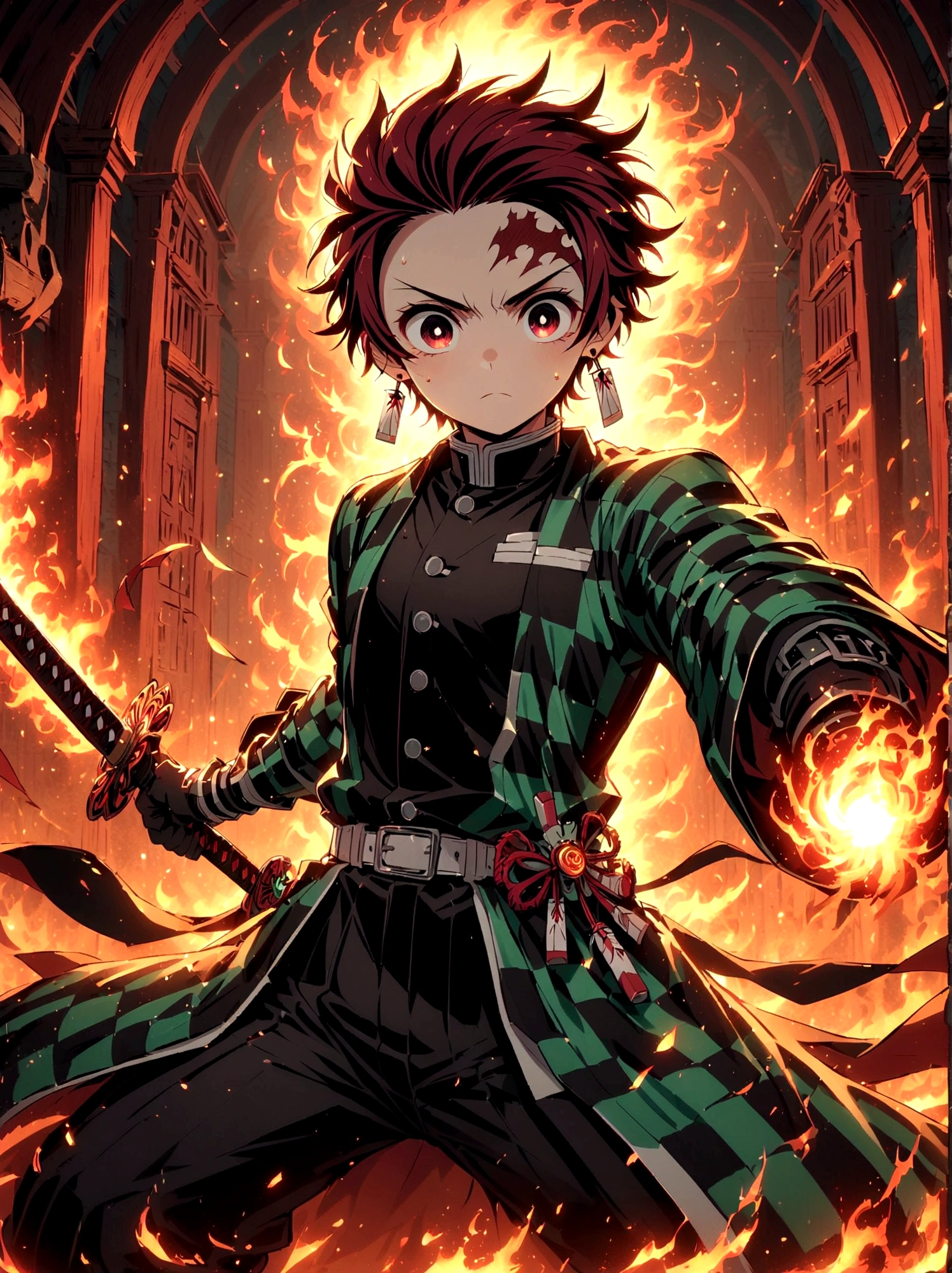 Kamado Tanjirou, Demon Slayer anime, Weapon Focus，Bright red hair, Sparkling red eyes，muscular，Intricate tattoos，(Holding a burning katana:1.5)，An element of danger and tension，Plaid clothes, demon slayer uniform, Black pants, fighting, Fire, explode, Dynamic poses, temple, Vision