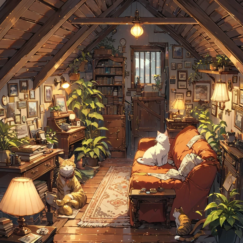 ((anime:1.4,illustration)),(masterpiece, top quality, best quality),(ultra-detailed, absolutely resolution),((16k, high res)), (((Interior, attic, books, houseplants, cat, lamp, antique furniture, sofa))), ((cosy lofi illustration:1.4)), ((anime:1.4, illustration)),(masterpiece, top quality, best quality),(ultra-detailed, absolutely resolution),((16k, high res)) BREAK {lofi art, style of Laurie Greasley, style of Makoto Shinkai, anime aesthetic}, BREAK { (produces images with information than 40 million pixels with cinematic-like detailed textures shot on a Sony SLR).}