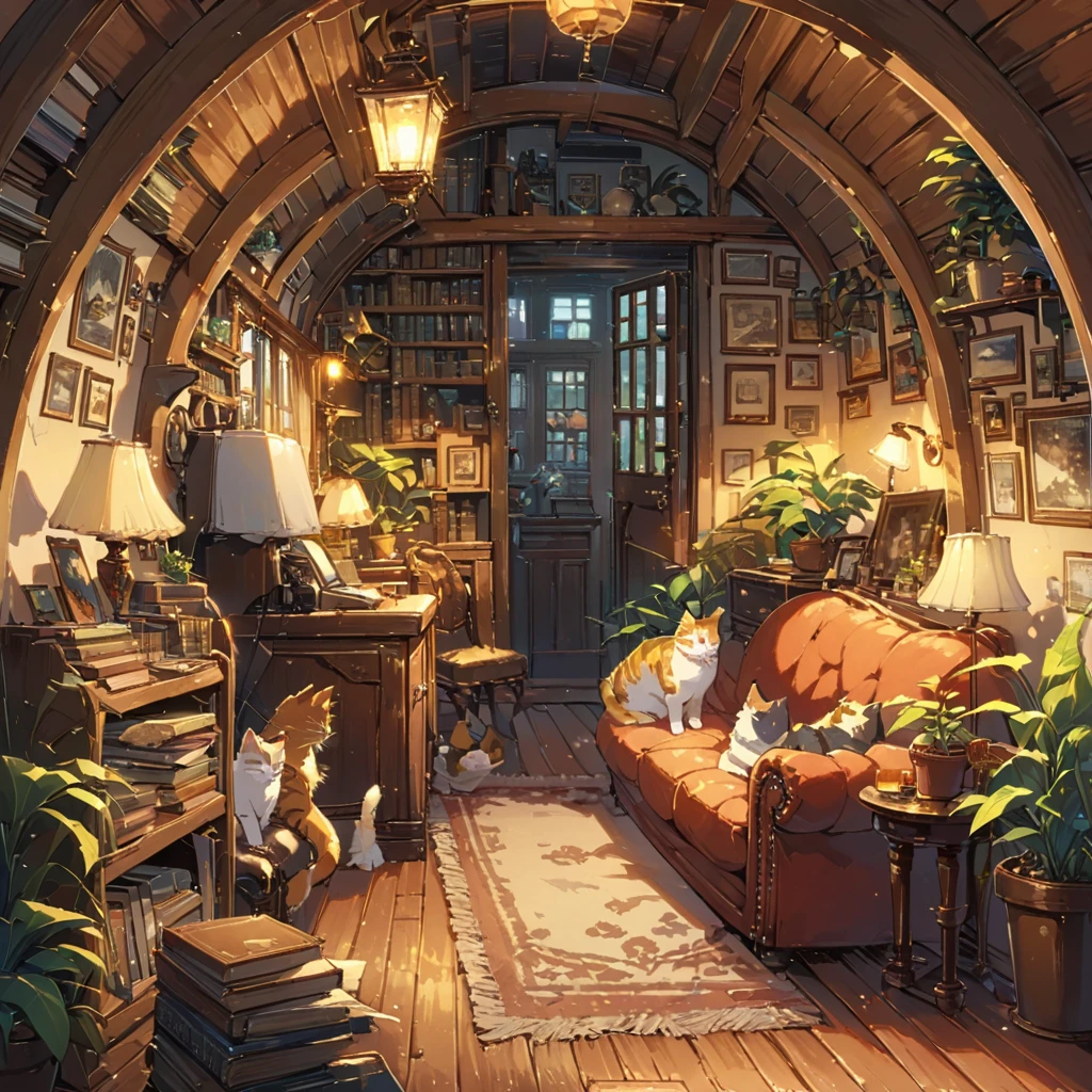 ((anime:1.4,illustration)),(masterpiece, top quality, best quality),(ultra-detailed, absolutely resolution),((16k, high res)), (((Interior, attic, books, houseplants, cat, lamp, antique furniture, sofa))), ((cosy lofi illustration:1.4)), ((anime:1.4, illustration)),(masterpiece, top quality, best quality),(ultra-detailed, absolutely resolution),((16k, high res)) BREAK {lofi art, style of Laurie Greasley, style of Makoto Shinkai, anime aesthetic}, BREAK { (produces images with information than 40 million pixels with cinematic-like detailed textures shot on a Sony SLR).}