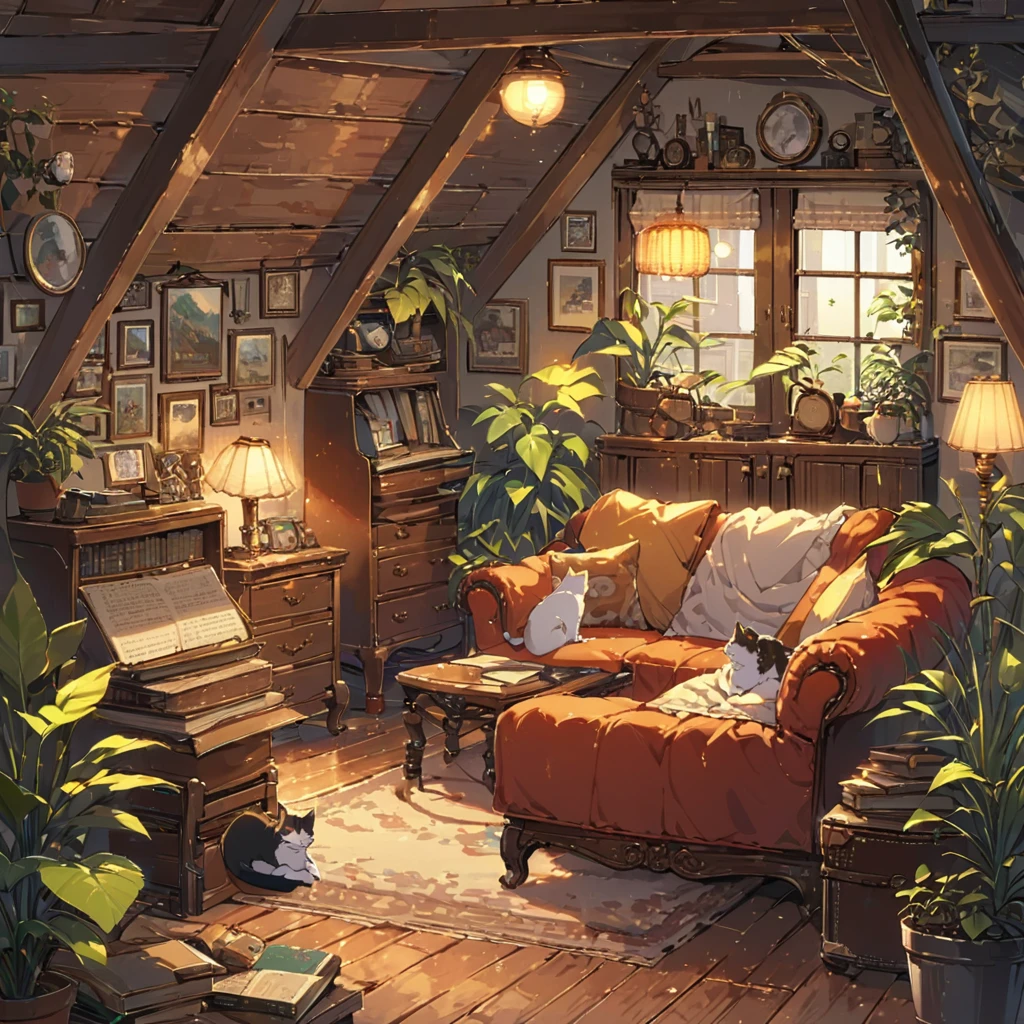 ((anime:1.4,illustration)),(masterpiece, top quality, best quality),(ultra-detailed, absolutely resolution),((16k, high res)), (((Interior, attic, books, houseplants, cat, lamp, antique furniture, sofa))), ((cosy lofi illustration:1.4)), ((anime:1.4, illustration)),(masterpiece, top quality, best quality),(ultra-detailed, absolutely resolution),((16k, high res)) BREAK {lofi art, style of Laurie Greasley, style of Makoto Shinkai, anime aesthetic}, BREAK { (produces images with information than 40 million pixels with cinematic-like detailed textures shot on a Sony SLR).}