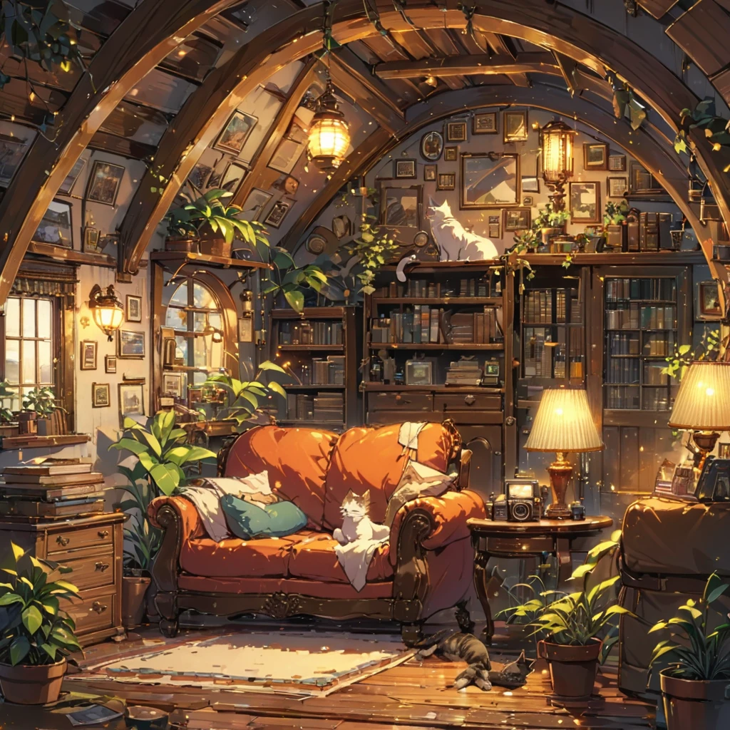 ((anime:1.4,illustration)),(masterpiece, top quality, best quality),(ultra-detailed, absolutely resolution),((16k, high res)), (((Interior, attic, books, houseplants, cat, lamp, antique furniture, sofa))), ((cosy lofi illustration:1.4)), ((anime:1.4, illustration)),(masterpiece, top quality, best quality),(ultra-detailed, absolutely resolution),((16k, high res)) BREAK {lofi art, style of Laurie Greasley, style of Makoto Shinkai, anime aesthetic}, BREAK { (produces images with information than 40 million pixels with cinematic-like detailed textures shot on a Sony SLR).}