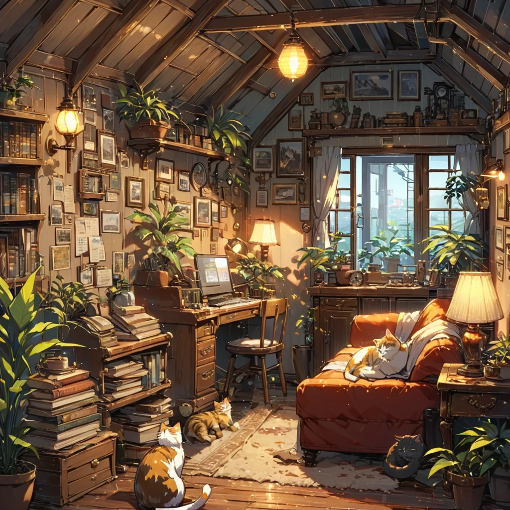((anime:1.4,illustration)),(masterpiece, top quality, best quality),(ultra-detailed, absolutely resolution),((16k, high res)), (((Interior, attic, books, houseplants, cat, lamp, antique furniture, sofa))), ((cosy lofi illustration:1.4)), ((anime:1.4, illustration)),(masterpiece, top quality, best quality),(ultra-detailed, absolutely resolution),((16k, high res)) BREAK {lofi art, style of Laurie Greasley, style of Makoto Shinkai, anime aesthetic}, BREAK { (produces images with information than 40 million pixels with cinematic-like detailed textures shot on a Sony SLR).}