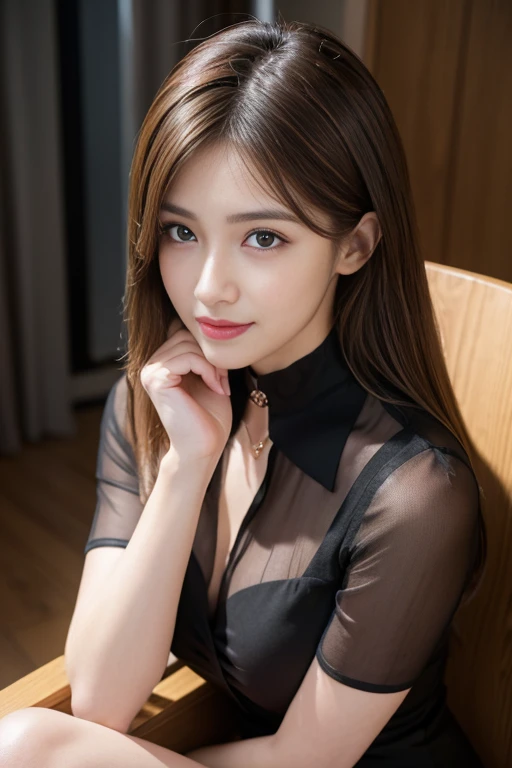 (RAW Photos), (Realistic), (masterpiece), (highest quality), High resolution, 8k, (Intricate details), (Volumetric Light), Portraiture, woman, Age 35, Medium Hair, Straight hair, Medium Chest, Layered Hair, Brown Hair, Very beautiful eyes, Source order, Very thin eyebrows, Very fine skin, Very beautiful mouth, Very nice nose, Cute like an idol, smile, (Thick lips), (Looking at the audience), (A see-through black dress shirt with a collar), Above the knee shot