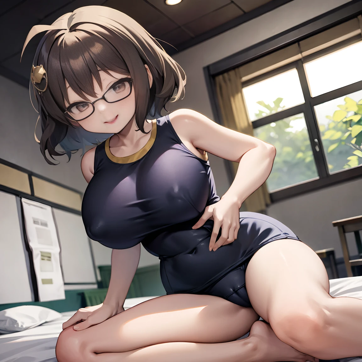 8k、masterpiece、Japanese、Woman wearing glasses、anise、from the front、smile、Childish、Big Breasts、Sheer School Swimsuit、night、Bedroom、Move the cloth between your legs to show