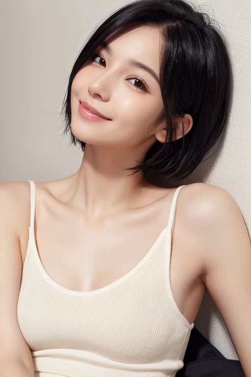 Super fair skin Beautiful Skin Droopy eyes Ragged clothing that exposes a lot of skin short hair whole body Black Hair smile Slender