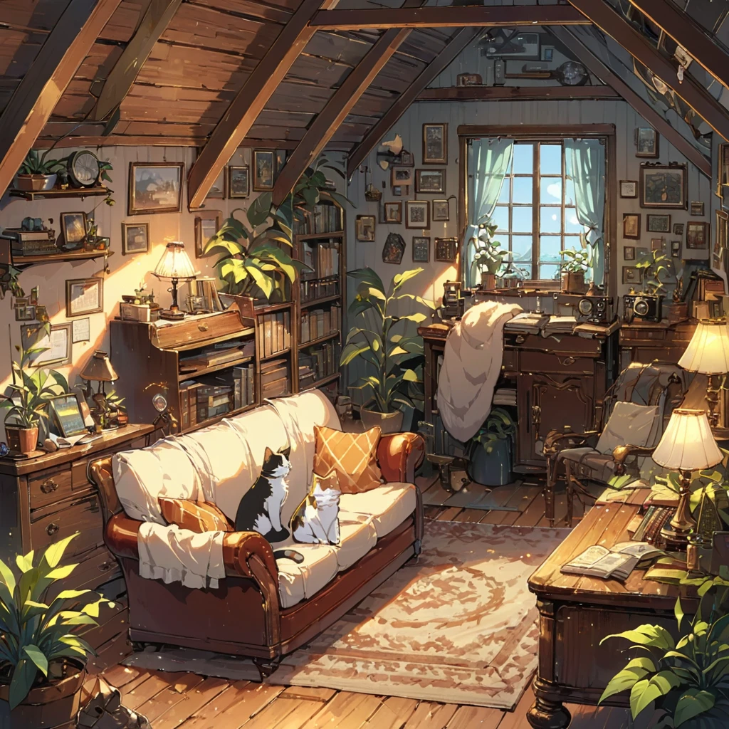 ((anime:1.4,illustration)),(masterpiece, top quality, best quality),(ultra-detailed, absolutely resolution),((16k, high res)), (((Interior, attic, books, houseplants, cat, lamp, antique furniture, sofa))), ((cosy lofi illustration:1.4)), ((anime:1.4, illustration)),(masterpiece, top quality, best quality),(ultra-detailed, absolutely resolution),((16k, high res)) BREAK {lofi art, style of Laurie Greasley, style of Makoto Shinkai, anime aesthetic}, BREAK { (produces images with information than 40 million pixels with cinematic-like detailed textures shot on a Sony SLR).}