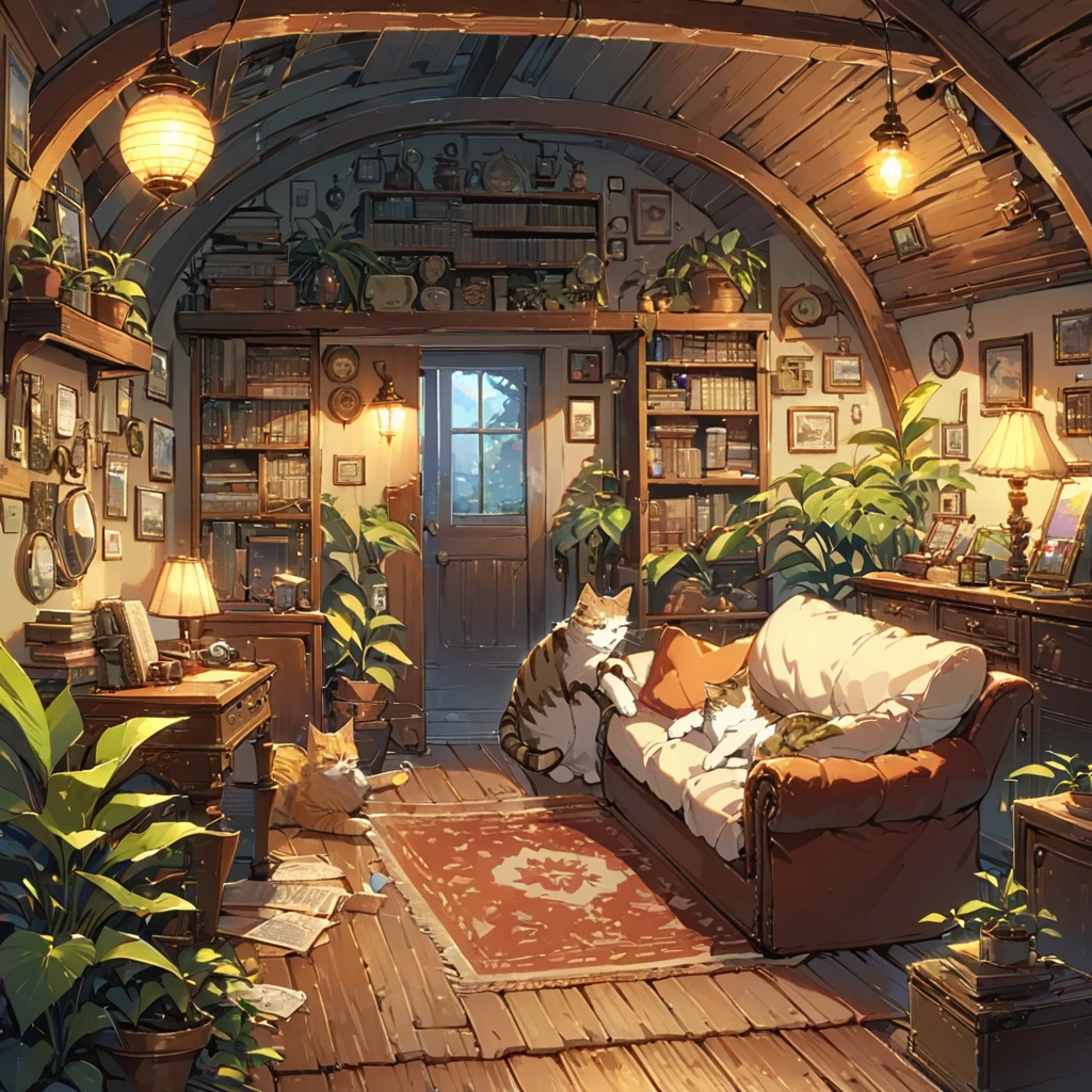 ((anime:1.4,illustration)),(masterpiece, top quality, best quality),(ultra-detailed, absolutely resolution),((16k, high res)), (((Interior, attic, books, houseplants, cat, lamp, antique furniture, sofa))), ((cosy lofi illustration:1.4)), ((anime:1.4, illustration)),(masterpiece, top quality, best quality),(ultra-detailed, absolutely resolution),((16k, high res)) BREAK {lofi art, style of Laurie Greasley, style of Makoto Shinkai, anime aesthetic}, BREAK { (produces images with information than 40 million pixels with cinematic-like detailed textures shot on a Sony SLR).}