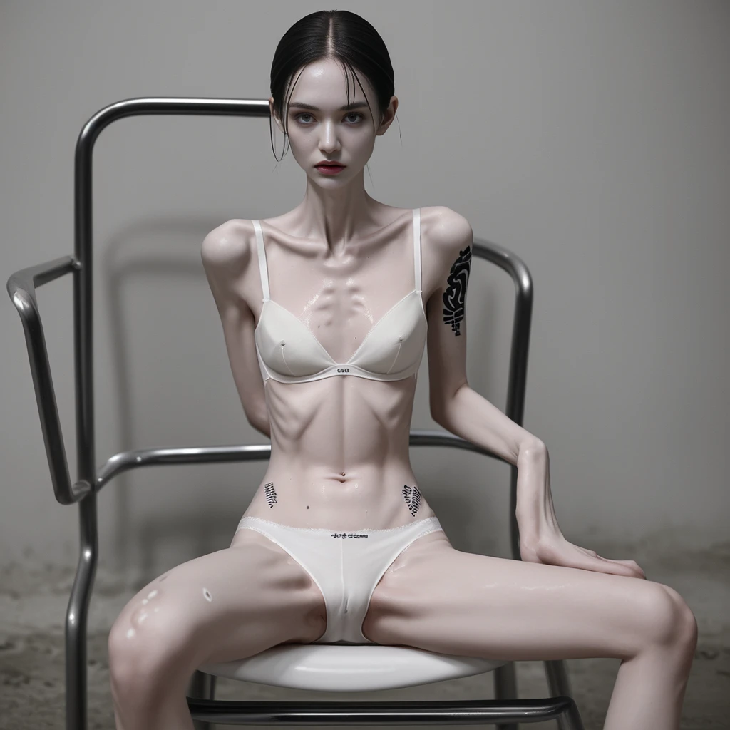 a woman , very thin body, body visible bones, very slender, sweaty wet body, pale white skin, panties, bra,tatto, full body, has a mental breakdown in an underground prison, sitting in chair