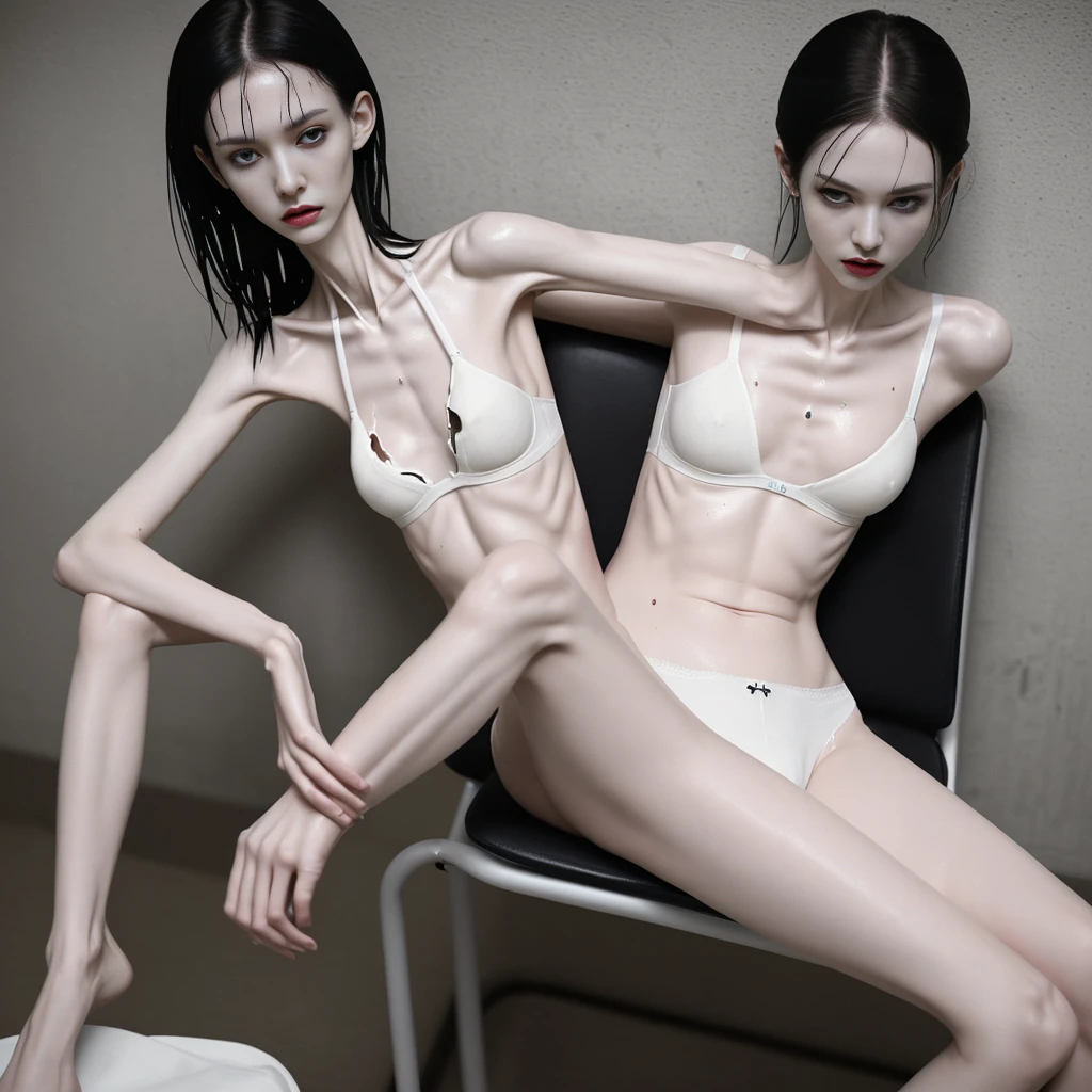 a woman , very thin body, body visible bones, very slender, sweaty wet body, pale white skin, panties, bra,tatto, full body, has a mental breakdown in an underground prison, sitting in chair