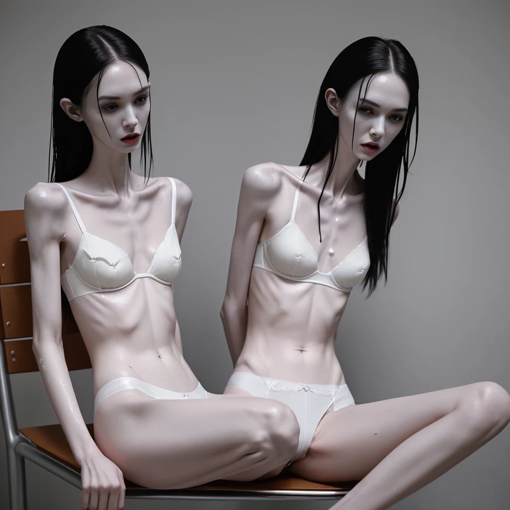 a woman , very thin body, body visible bones, very slender, sweaty wet body, pale white skin, panties, bra,tatto, full body, has a mental breakdown in an underground prison, sitting in chair