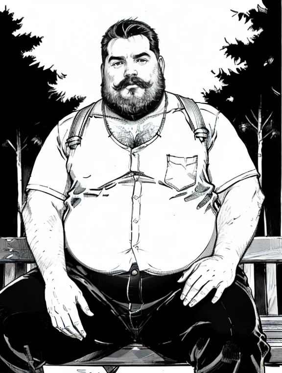 He is sitting with his legs open and resting one arm on the park bench., He is a chubby man, with extremely thick thighs, a large belly, fat, 50 years old, bearded, with a huge beard, wearing an open, unbuttoned plaid t-shirt, usando apenas sunga branca meias pretas, gold chain neck rings, watch on wrist, pulseiras no pulso, fotografia de Corpo completo imagem de corpo inteiro, low side angles. Detailed image dynamic image. 🎽(handsome mature man plump chubby morbid extremely thick thighs bulging belly fat), older man, gray hair, white man, wearing , hairy chest, hairy belly,
mechanic overalls, bare overalls, gloves, , bulge, detailed glade on clothing, (fat and corpulent: 1.3), full beard very long, looking at the viewer, handsome man, detailed eyes, symmetrical face, mischievous smile, robust, mustache, longer hair, 