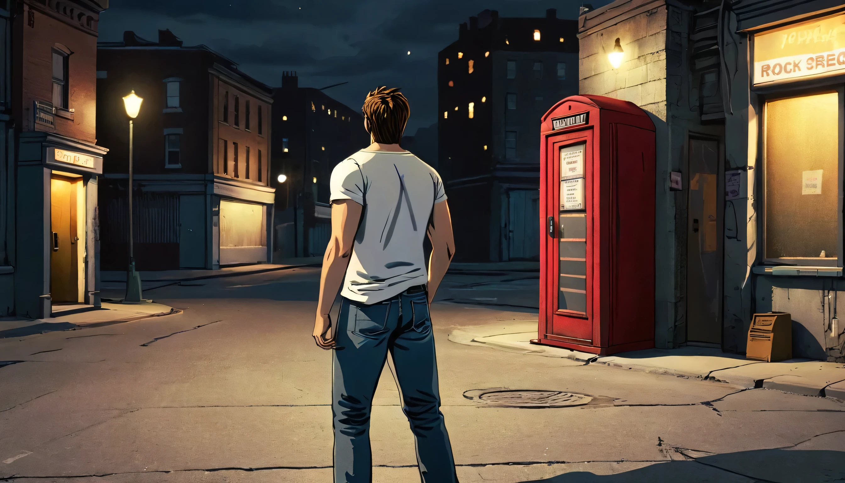 Create a rock music-themed scene set at night. The scene should feature a man standing with his back against a wall on a long street. He is wearing jeans and a white T-shirt, embodying a casual rock style. Across the street, there is an old-fashioned coin telephone box. The street lights should cast a balanced glow, illuminating both the street and the buildings, creating a moody and atmospheric setting. The overall vibe should reflect the essence of rock music with a hint of nostalgia.
