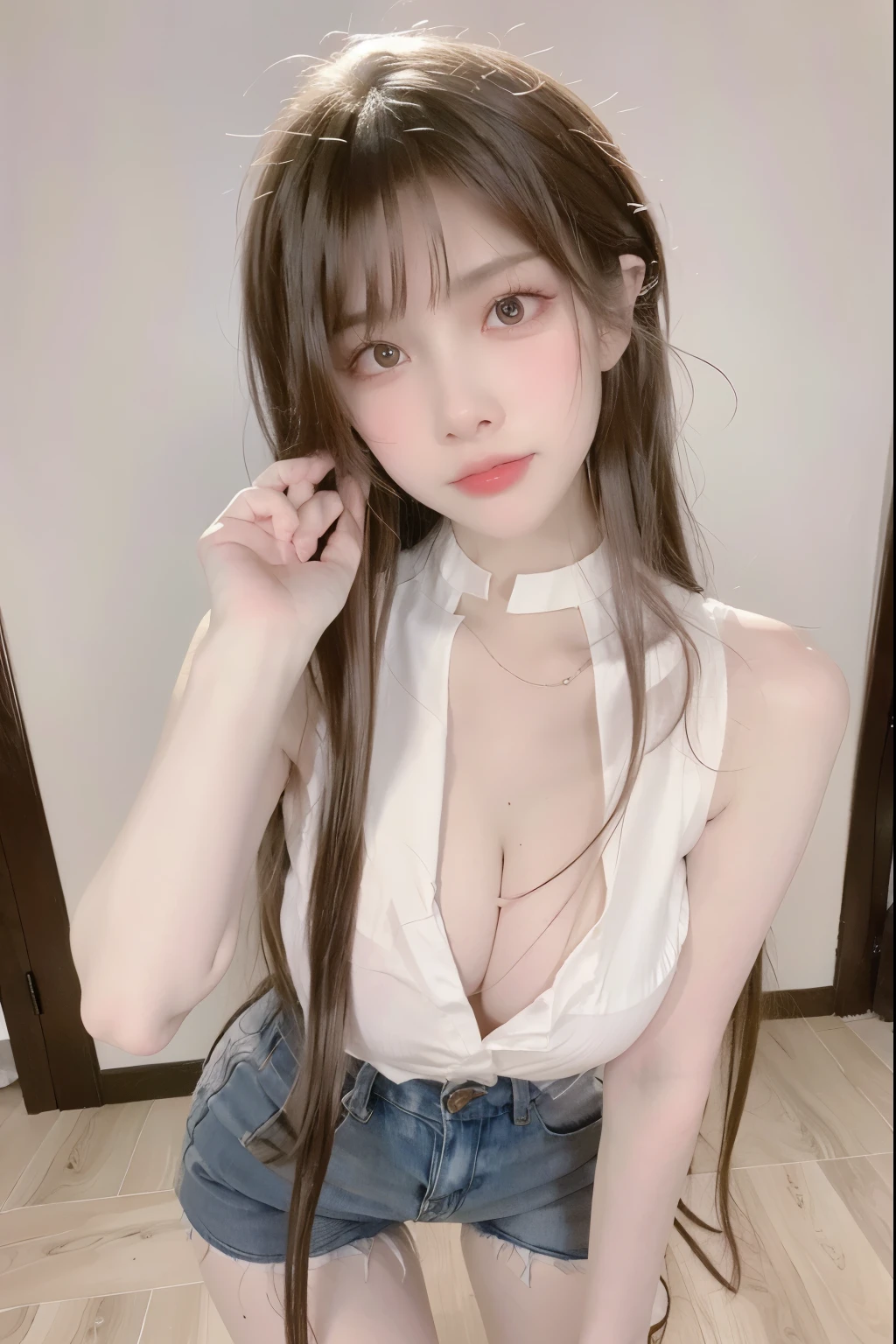 Beautiful woman with perfect body:1.4,Layered Hairstyle,Highly detailed face and skin textures,Double eyelids,Skin Whitening,Long hair,Whitened long legs,(shirt,Collar),Standing by the sea