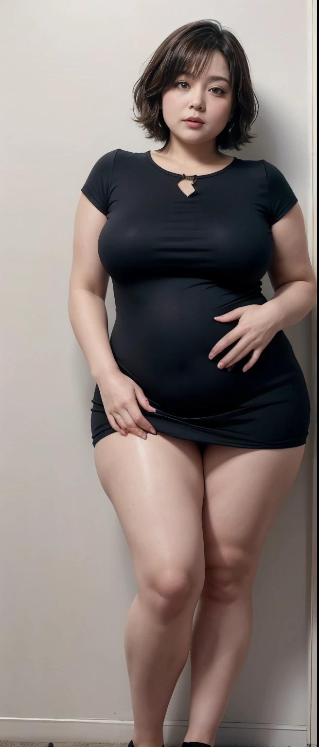 Chubby woman with chubby belly and tight thighs, full body, 50-year-old mature woman, thick hips, thick neck, thick chest, big eyes, wearing a longest dress, wavy medium short hair, Height 170 cm , full body 