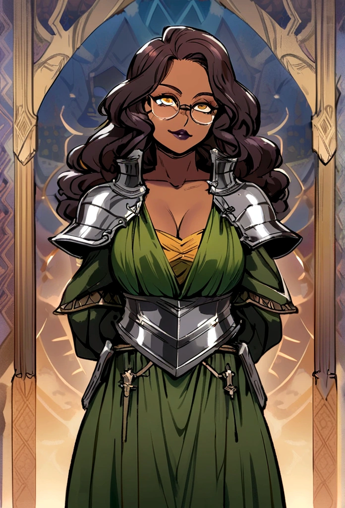 Perscription glasses, dark skin, short wavy hair, light orange eyes, dark lip stick, dark lip gloss, athletic, cleavage, smirking, wide eyes, green medieval cloak, steel armor, thick thighs, hands behind back, standing, facing viewer