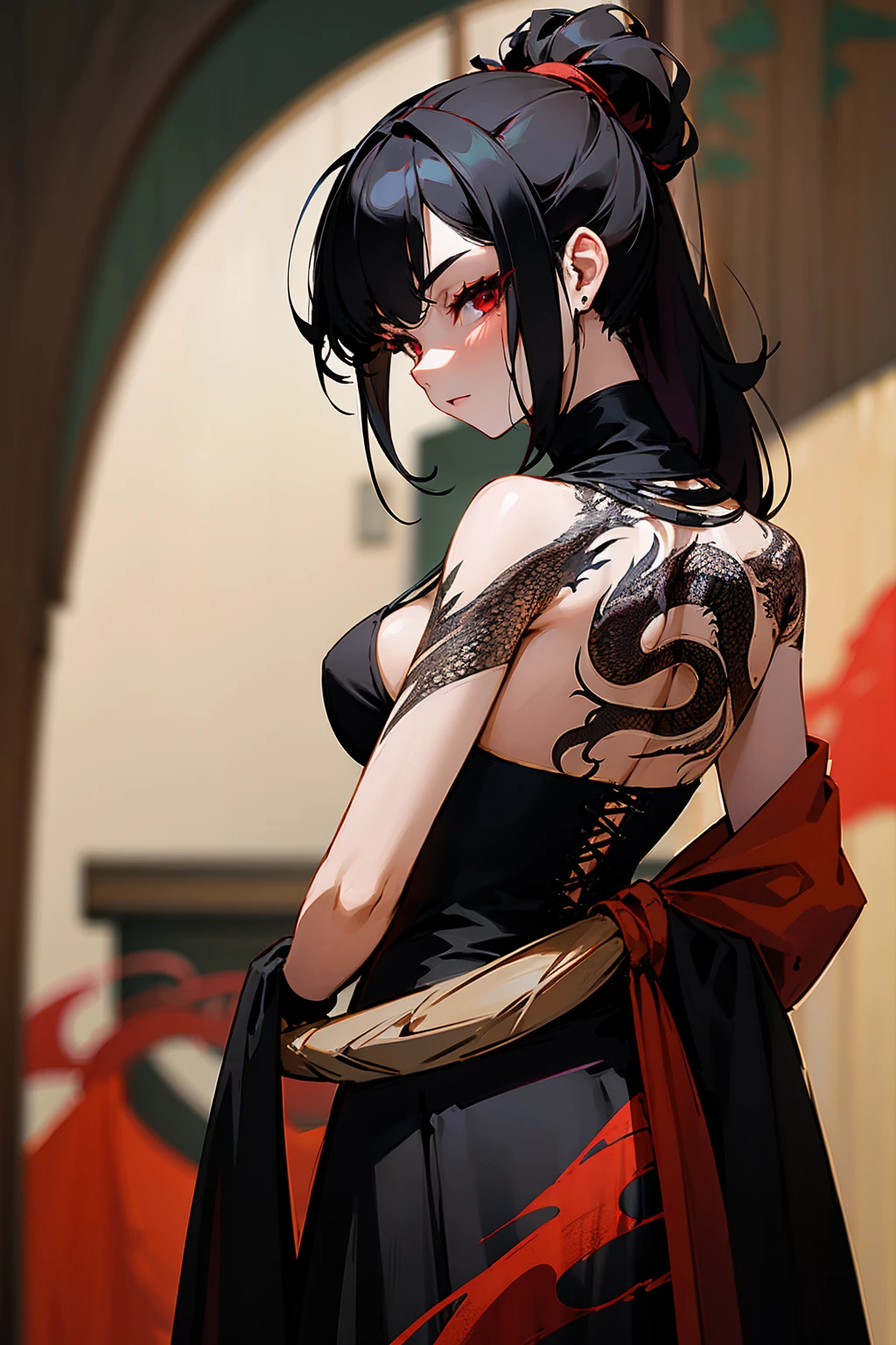 1female, black hair, tied up hair, black dress, red eyes, looking back, dragon tattoo on back, restaurant background, detailed background, hands to side, standing on path