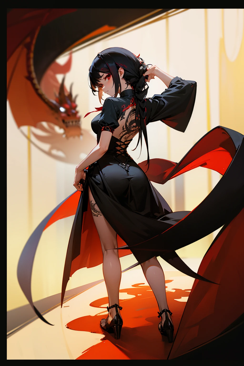 1female, black hair, tied up hair, black dress, red eyes, looking back, dragon tattoo on back, restaurant background, detailed background, hands to side, standing on path