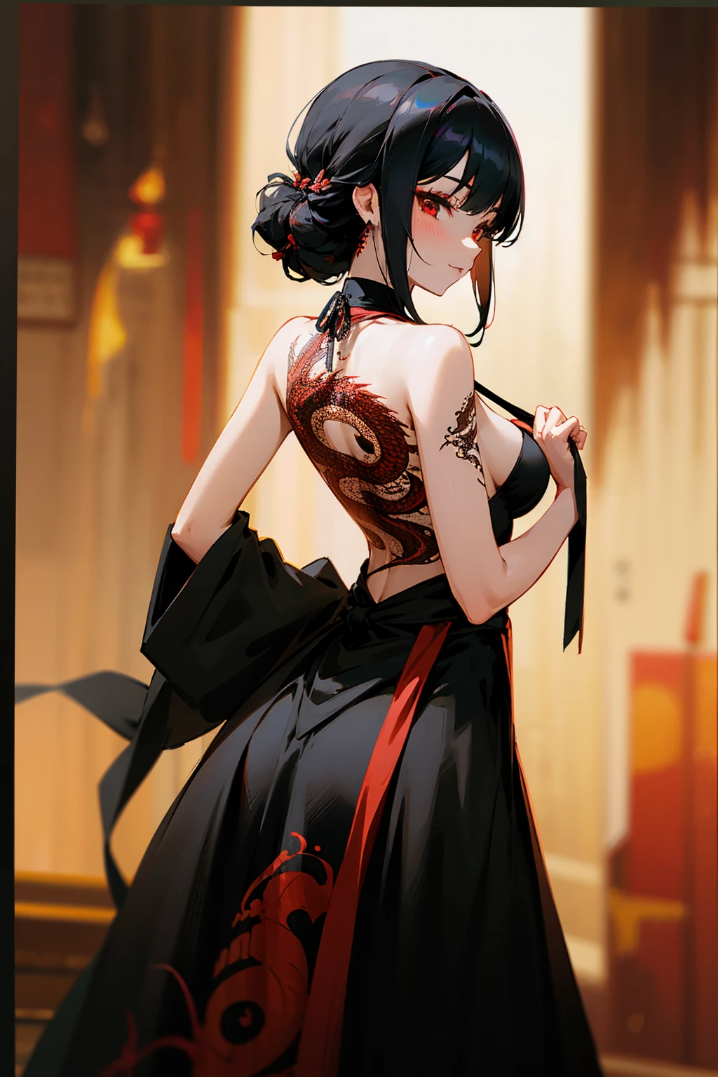 1female, black hair, tied up hair, black dress, red eyes, looking back, dragon tattoo on back, restaurant background, detailed background, hands to side, standing on path