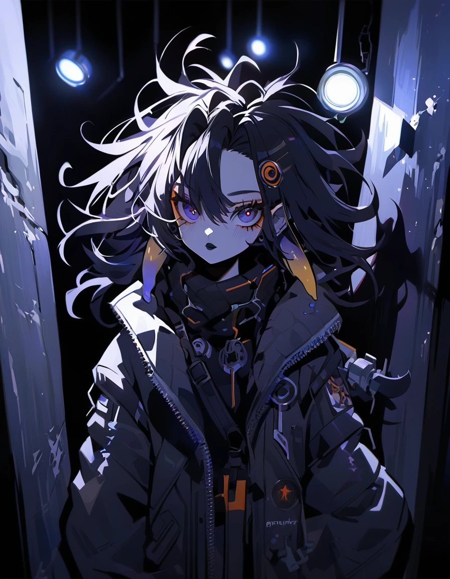 (dark biopunk art), (tentacle biopunk atmosphere), (biopunk girl), goth girl, pale skin, (long dark hair), messy hair, black lipstick, (dark lighting), many shadows, cold lights, biopunk art