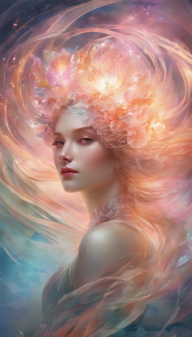 glass ribbons +hard decor+dreamy glitch+wave diffusion in the hyperrealistic image of a transparent girl, a blooming rose consists of glass fluff with a tourmaline gradient, hyperdetalization in a quantum parallel world through a portal of light in a fractal zentangle,1024 K