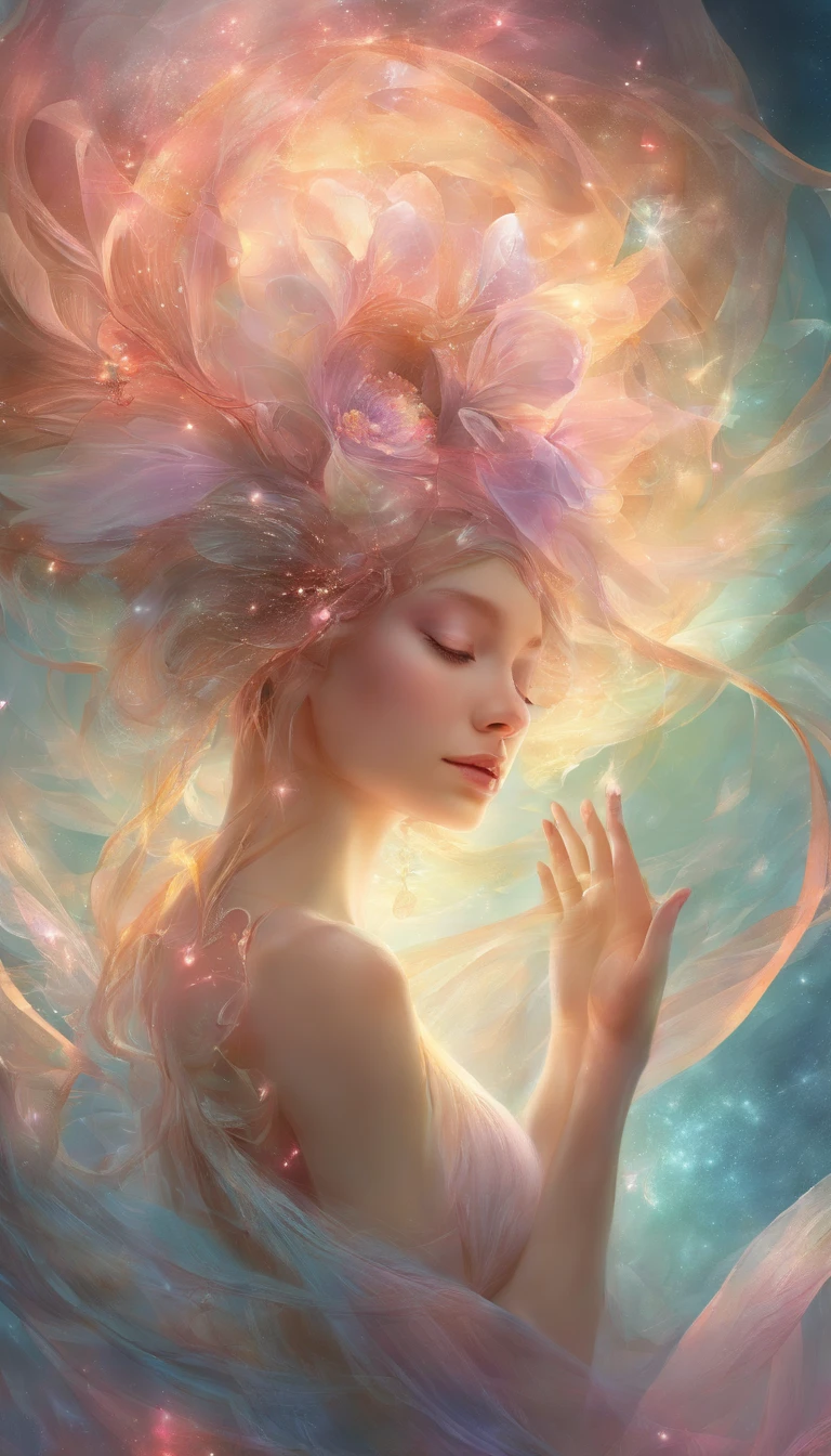 glass ribbons +hard decor+dreamy glitch+wave diffusion in the hyperrealistic image of a transparent girl, a blooming rose consists of glass fluff with a tourmaline gradient, hyperdetalization in a quantum parallel world through a portal of light in a fractal zentangle,1024 K