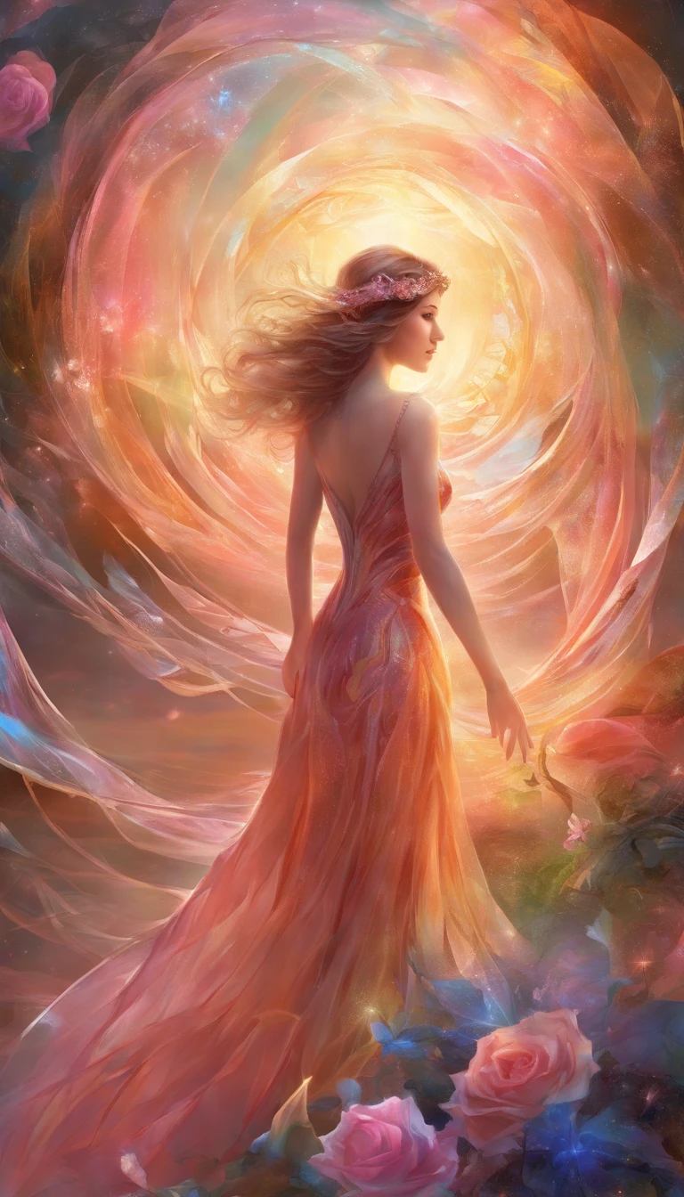 glass ribbons +hard decor+dreamy glitch+wave diffusion in the hyperrealistic image of a transparent girl, a blooming rose consists of glass fluff with a tourmaline gradient, hyperdetalization in a quantum parallel world through a portal of light in a fractal zentangle,1024 K
