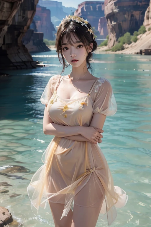 ((Masterpiece 1.4)), CG Unity 8K walpaper, ((realistic: 1.2)), Ray tracing, K, Beautiful girl 16 years old, realistic korean girl, ((A young girl with a perfect body)), Ultra realistic, Ultra HD, ((Yellow Tulle Holiday Dress)), ((Hollow out embroidered short sleeve dress, peach color)), ((Super round breasts under the dress.)), ((Baby breasts)), youthful body, perfect shape, ((romantic looKs)), Pose in style ((grand canyon river)), standing in the river, Clean, pure water in the river, ((The river has blue floating water.)), ((canyon mountains)), Open your mouth slightly., cactus, ((detailed bacKground)), ((Set details)), ((fine texture)), ((detailed sKin)), ((realistic lips)), Long BlacK hair, movie light, film photography, High-definition dress quality, High resolution image quality,